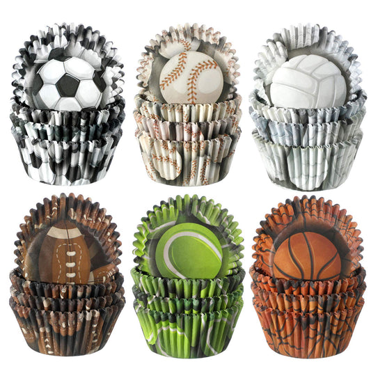 Patelai 600 Pcs Sports Cupcake Liners Football Baseball Volleyball Basketball Rugby Tennis Cupcake Wrapper Baking Cup for Sports Theme Birthday Party Game Day Supplies