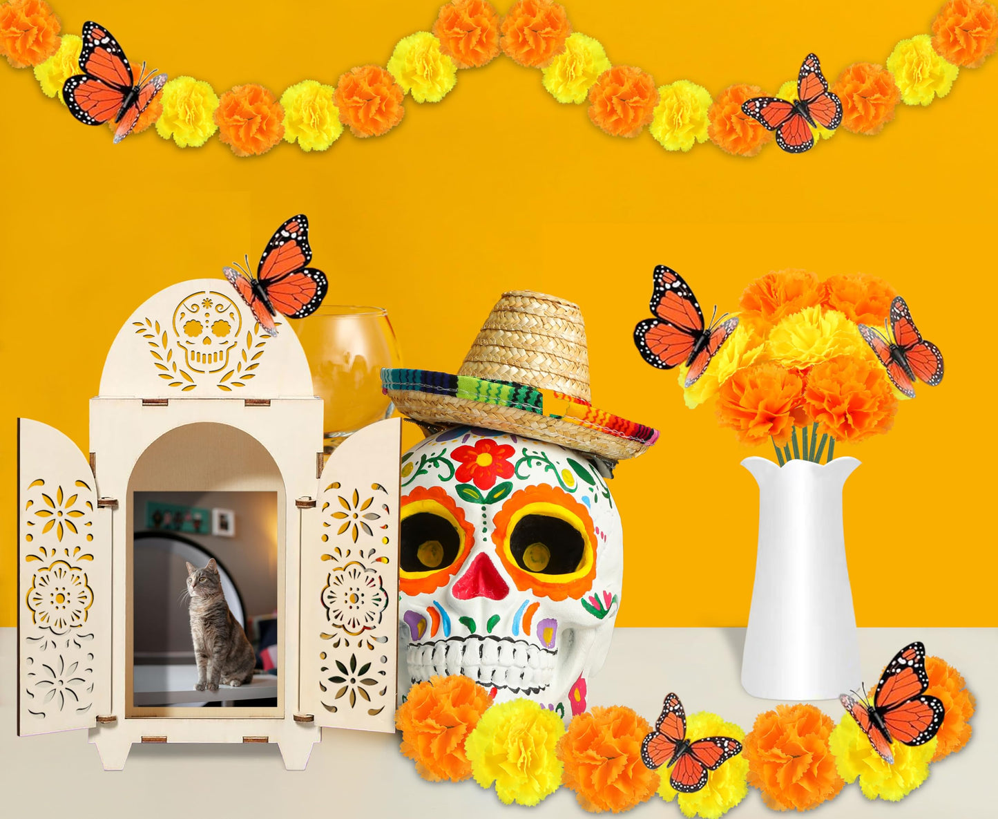 51Pcs Dia De Los Muertos Decorations Wooden Shadow Box Day of The Dead Ofrenda Altar Decor with Marigold Butterfly Candle Remembrance Supplies