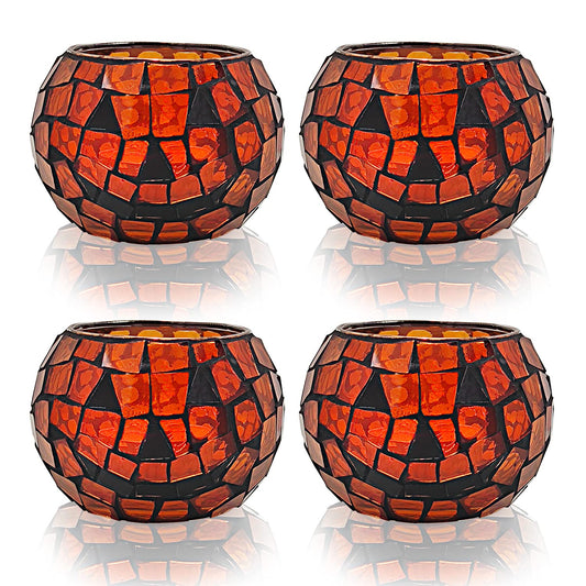SHMILMH Halloween Candles Holder Set of 4, Grimace Tealight Holders, Handmade Mosaic Pumpkin Glass Votive Candle Holders for Halloween Table Centerpiece Home Decor