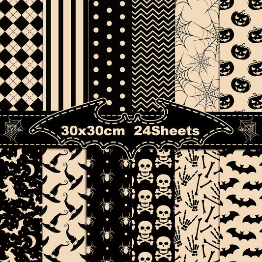 24 Sheets Halloween Scrapbook Paper Pumpkin Spider Web Ghost Bat Pattern Decorative Craft Paper for Card Making Photo Album Journal DIY Craft, 11.8 x 11.8 Inch (Vintage)