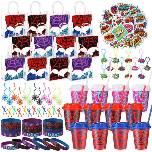 Lzuhoa 122 Pcs Spider Party Favors Birthday Decorations Includes 12 Spider Goodie Bags 12 Party Cups with Lids and Straws, 12 Keychains, 12 Bracelets, 50 Stickers, 24 Spider Goodie Bags Stuffers