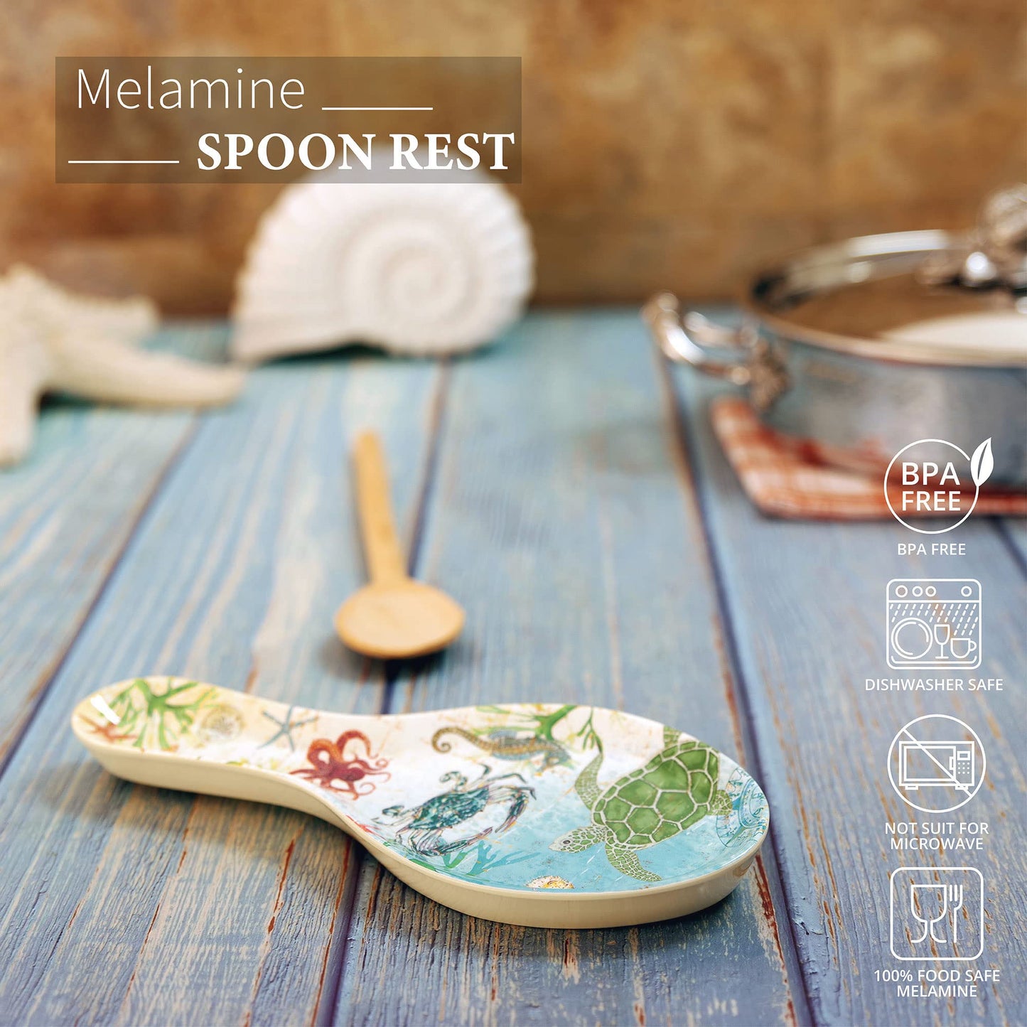 UPware Sea Life Melamine Spoon Rest, Cooking Spoon Holder for Stove Top, Kitchen Counter, and Dining Table, 9.625 Inch, Multicolor