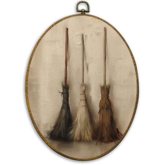 CUANFDDSF Vintage Rustic Farmhouse Oval Wall Art Decor, Rustic Moody Witch Broom Wall Hanging Decor, Gothic Witchy Country Framed Canvas Prints for Home Bedroom Living Room, 8.6x11.4 Inch