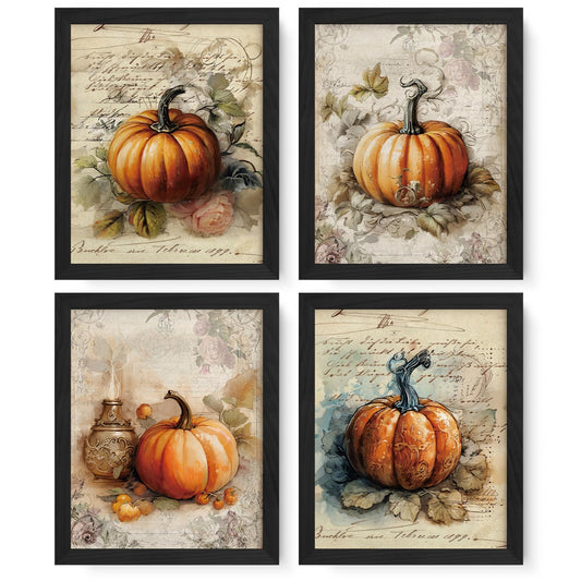 JXREQ Vintage Pumpkin Fall Decorations Wall Art for Home Kitchen Living Room Bathroom Bedroom, Retro Pumpkins Wall Art Posters for Harvest Thanksgiving Decorations Set of 4, 8x10 Inch Unframed