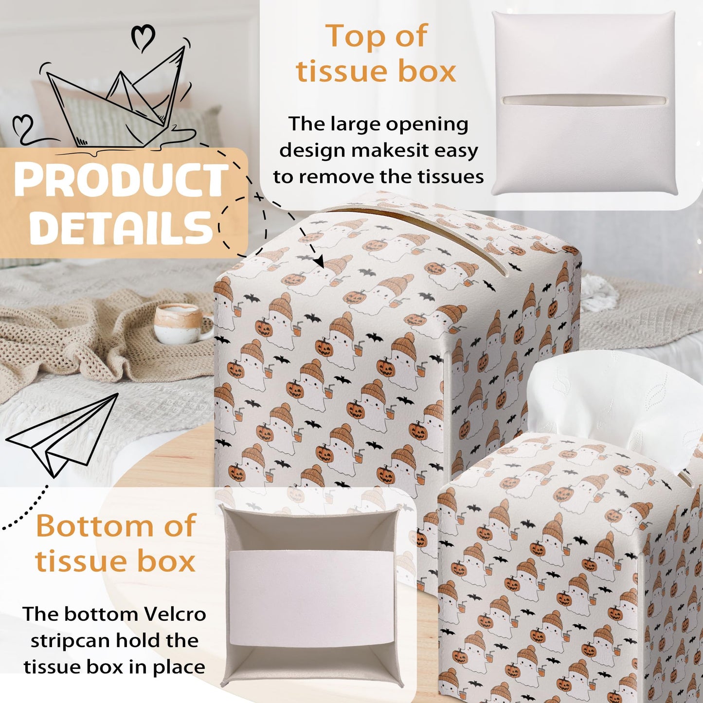 Halloween Tissue Box Holder, Cute Ghost Leather Tissue Box Cover Square, Halloween Facial Paper Organizer Dispenser Toilet Paper Holder for Bathroom Kitchen Office Home Decor-A07