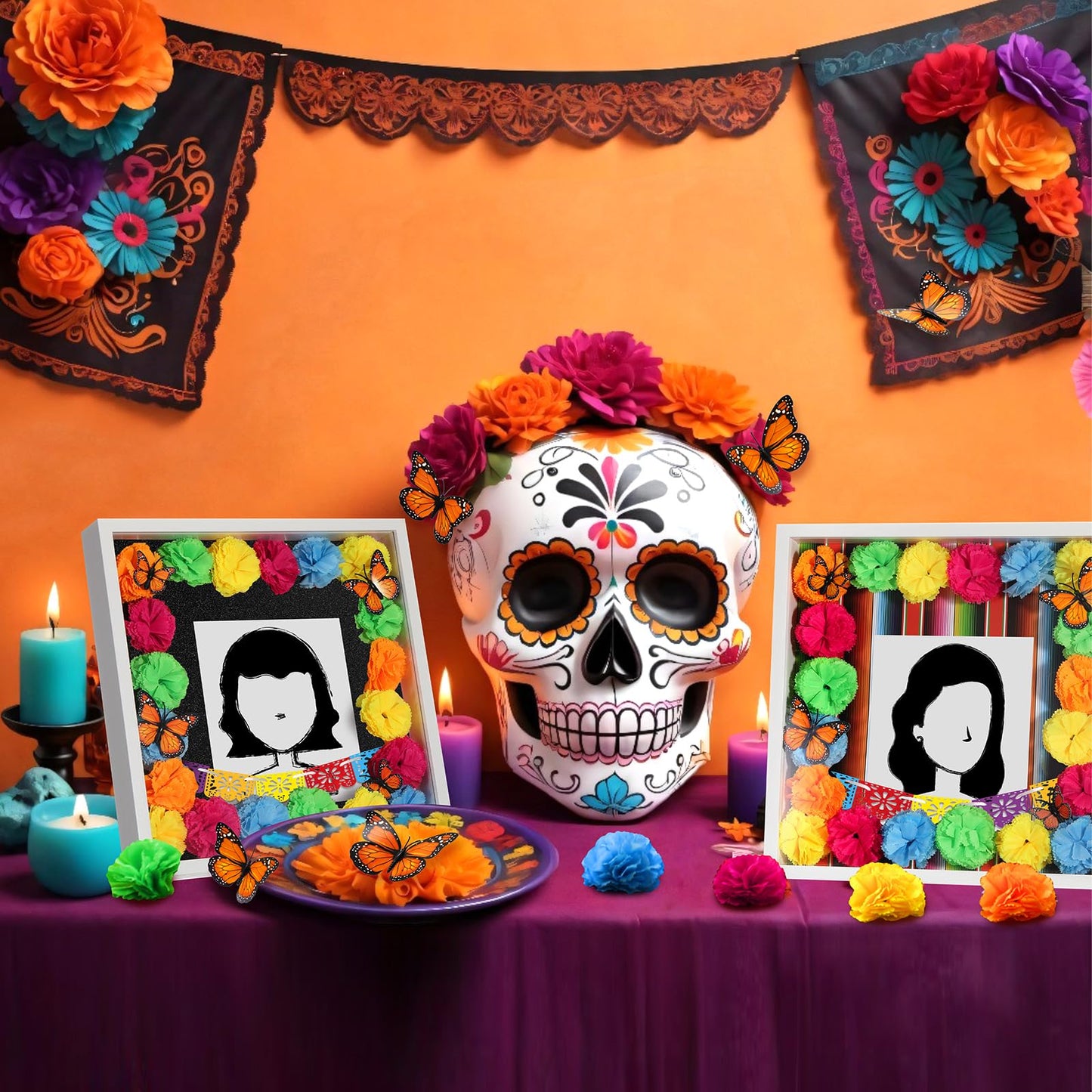 AceOrbit 41pcs Day of The Dead DIY Shadow Box Craft Set Memorial Shadow Box Accessories 6 Monarch Butterfly 30 Artificial Marigold Flowers 2 Papel Picado Banner 3 Background Paper(Colorful)