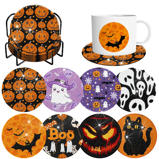 Demonwer 8 Halloween Diamond Art Coasters with Holder DIY Halloween Diamond Dot Coasters 5d Full Drill Diamond Coasters for Adults