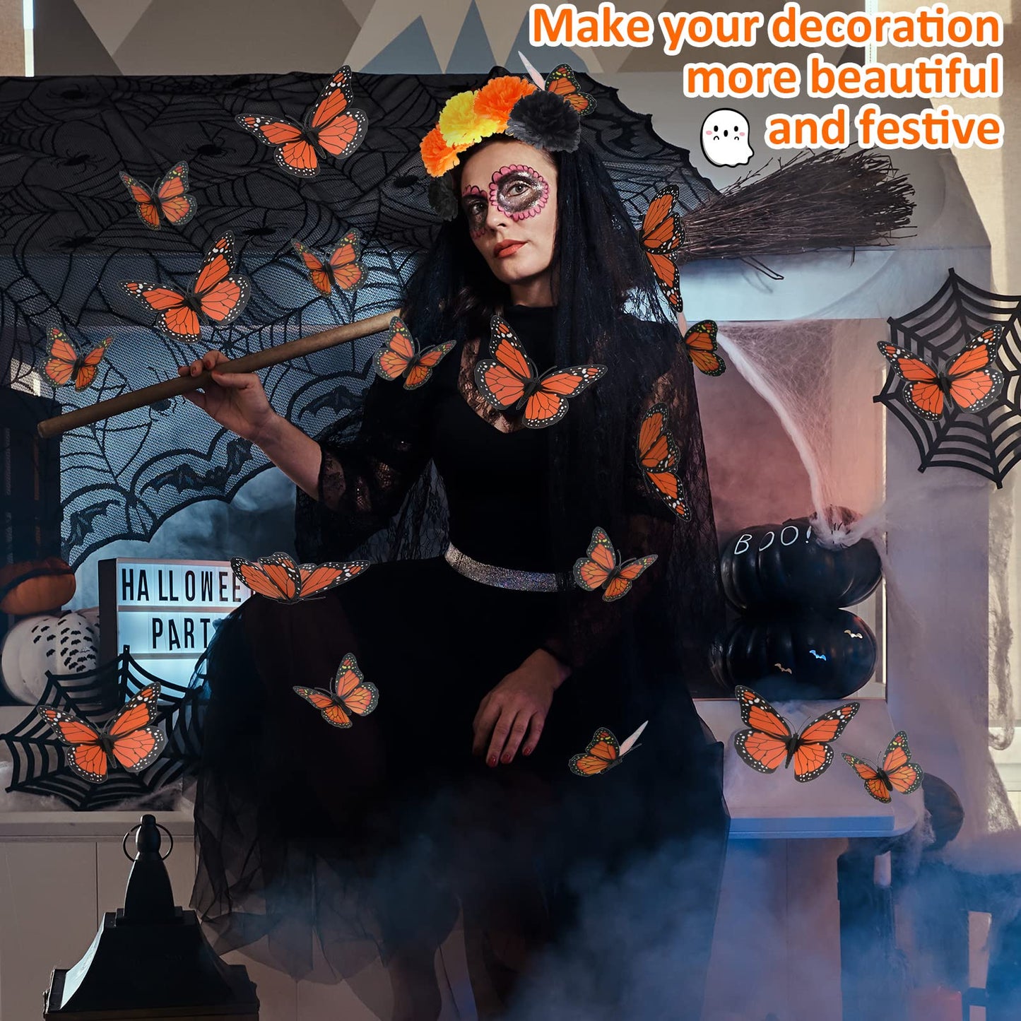 80 Pcs Artificial Marigold Flowers Monarch Butterfly Decorations Kit Dia De Los Muertos Decor Day of The Dead Decorations Include 20 Fake Butterflies for Crafts 60 Marigold Flowers for Diwali Mexican