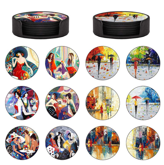ABCHCHS Coasters Set of 12 - Abstract and Oil Painting Art Design - PU Leather Coasters for Drinks with Holder - Handmade Round Drink Coasters Set for Home Decor and Housewarming Gift