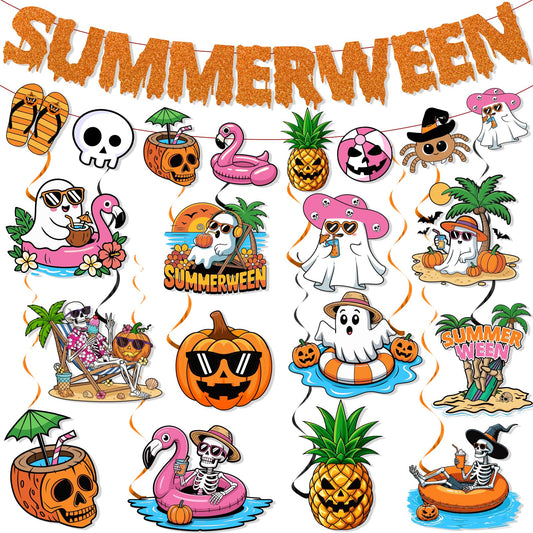 Summerween Decorations, Summer ween Party Supplies with Summerween Banner Garland and Hanging Swirls, Pumpkin Ghost Skull Summer Halloween Decorations for Bearch Pool Decorations