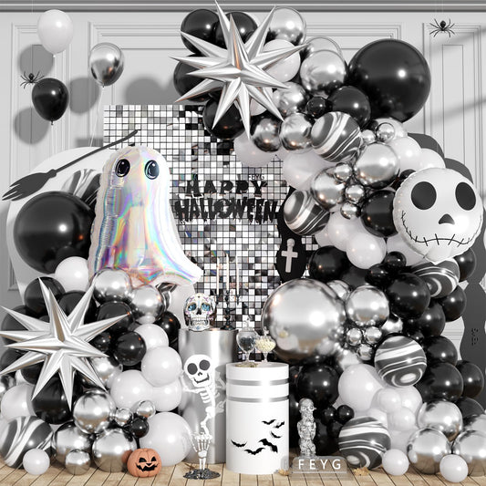 Halloween Balloon Arch Kit,110Pcs Black White and Silver Latex and Foil Balloon with Ghost,Skull Design for Halloween Birthday Bachelorette Baby Shower Wedding Party Decorations