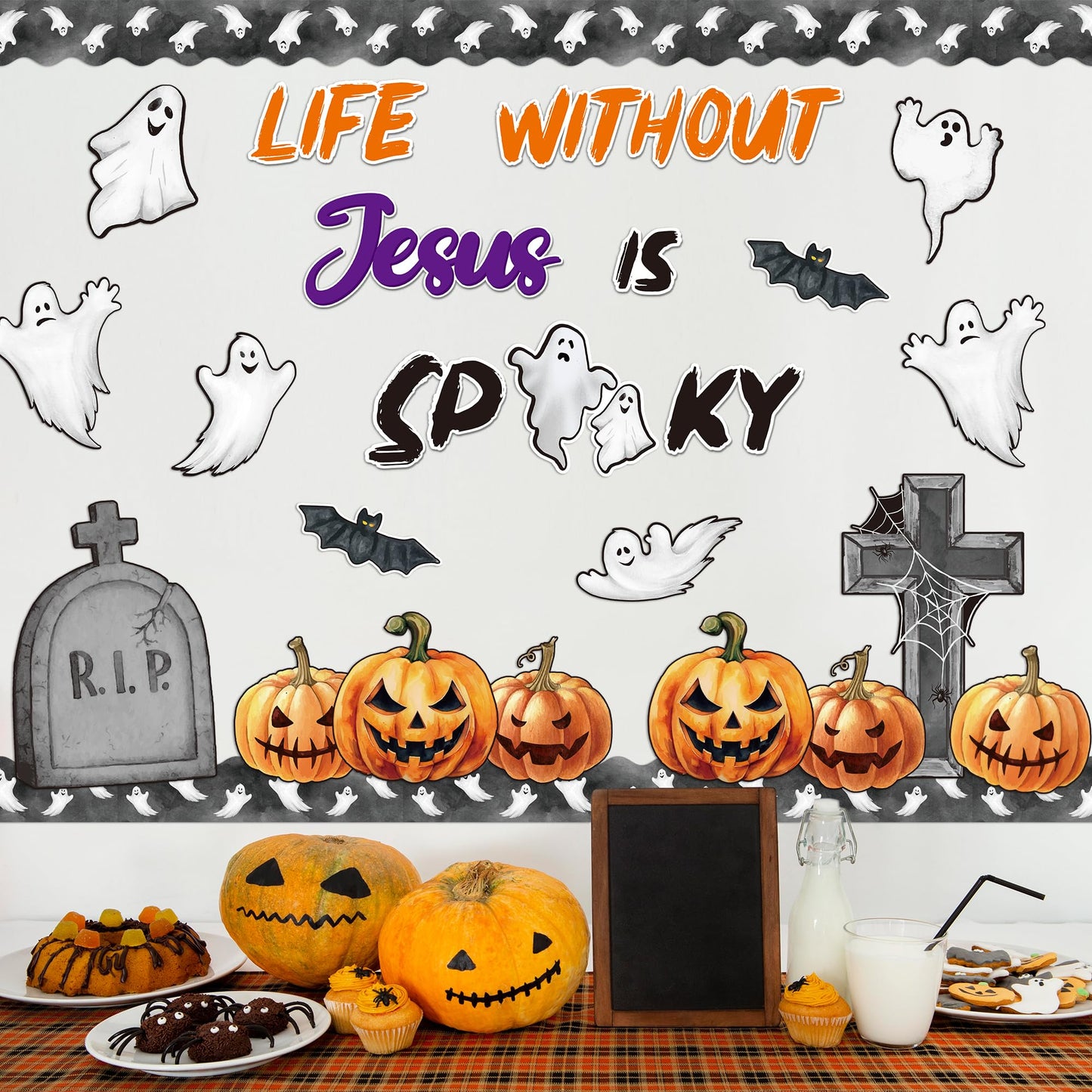 BeYumi Halloween Bulletin Board Set - 67Pcs Halloween Christian Bulletin Board Set Life without Jesus Is Spooky Cross Pumpkin Cutout Border Trim Religious Sunday School Classroom Chalkboard Wall Decor