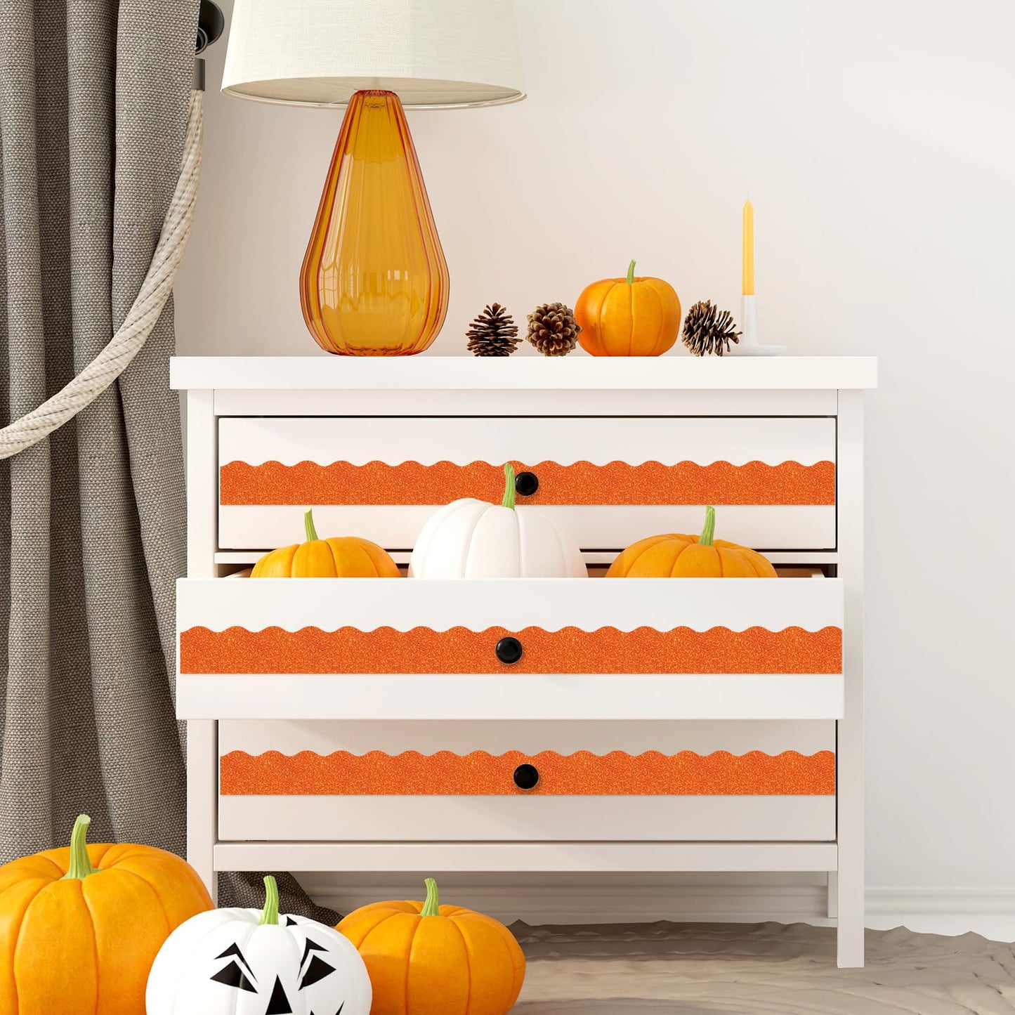 Whaline 131.2Ft Halloween Bulletin Board Border Glitter Orange Black Die Cut Trim Border Roll for Classroom Home Office Chalkboard Wall Decor, 2 Rolls