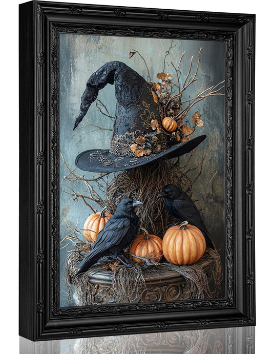 Framed Witch Hat Canvas Wall Art,Halloween Pumpkin Crow Painting Picture Wall Decor,Dark Academy Poster Print Artwork,for Living Room Bedroom Tarot Reading Room Haunted House Home Decoration 9x11in