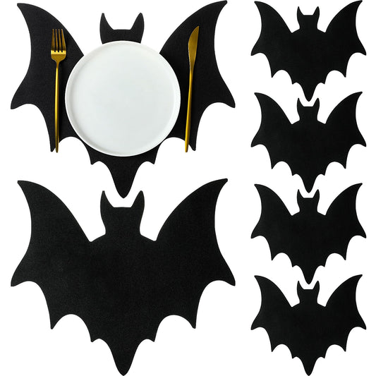Remerry 4pcs Leather Halloween Bat Shape Placemats Washable Bat Place Mats Set of 4 Black Gothic Table Mats Table Decoration for Indoor Outdoor Party Resistant Kitchen Kitchen Dining Gift