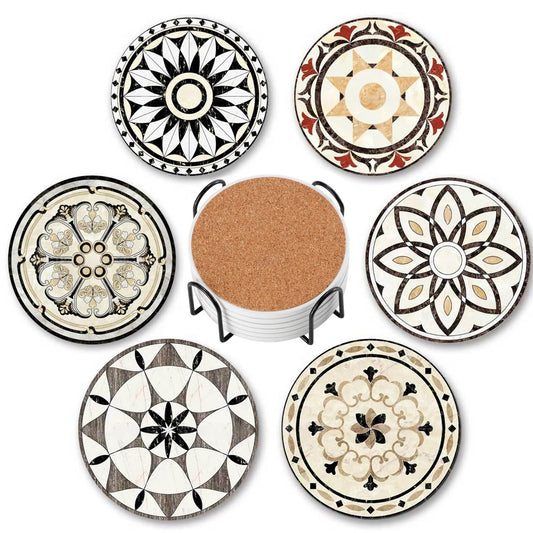 Baalaka Drink Coasters Set of 6 with Holder, Ceramic Absorbent Coaster for Drinks, Boho Coasters with Cork Base for Tabletop Protection, Coffee Table Decor 4 inches