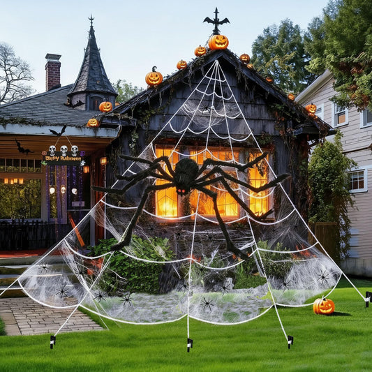Hoxemator 236'' Halloween Spider Web with 59" Giant Realistic Hairy Spider, Cobwebs & 20 Small Fake Spiders Halloween Decorations Indoor Outdoor Party Decor for Yard Patio Lawn Haunted House