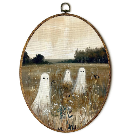 EGVQK Fall Halloween Ghost Oval Wall Art Decor, Cottagecore Cute Ghost Framed Canvas Prints Wall Art, Dark Academia Moody Oval Canvas Hanging Decor for Halloween home Living Room Bedroom, 8.5x11.5in