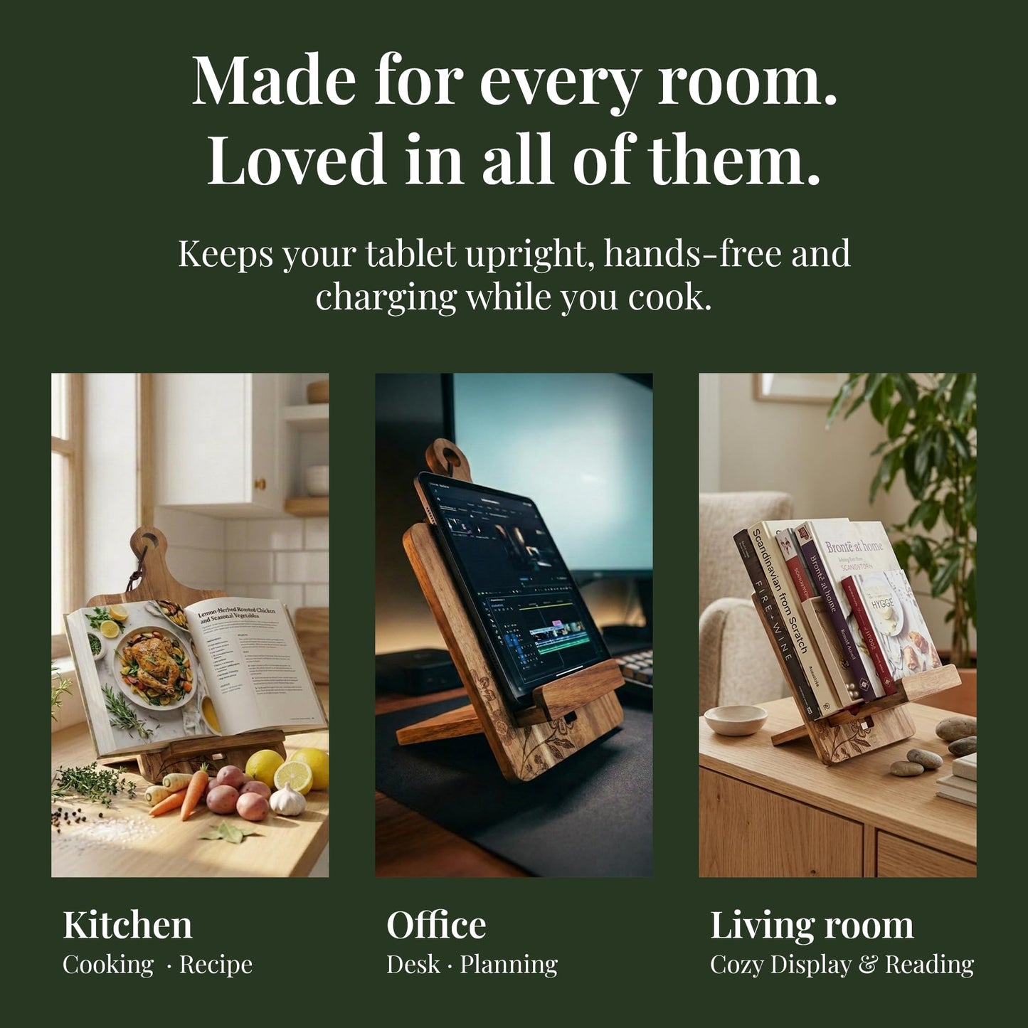 ULLAHOLM Wooden Cookbook Stand for Kitchen Counter - Reversible Recipe Book Holder with Cooking Measurement Conversion Card - Gift-Ready Adjustable Tablet Cookbook Holder Stand - 13.7"x8.2"