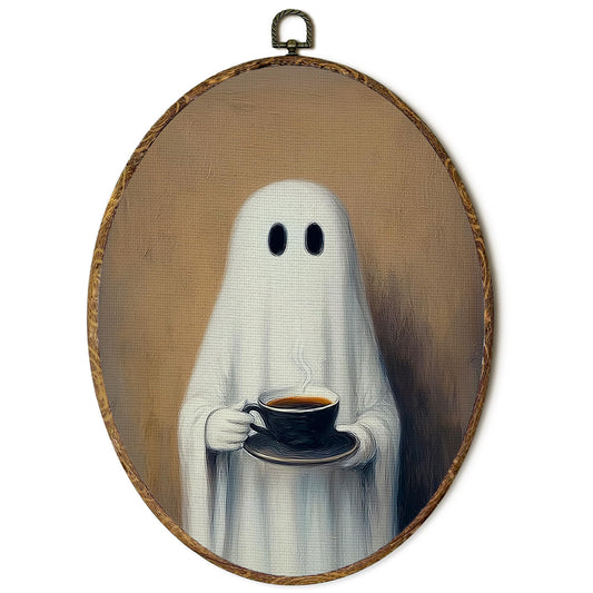 FSTCSV Halloween Coffee Ghost Oval Wall Art Framed, Spooky Vintage Ghost Canvas Prints Wall Hanging Art, Rustic Coffee Bar Fall Halloween Oval Walls Decor for CoffeeLovers Home Kitchen, 8.8x11.5in