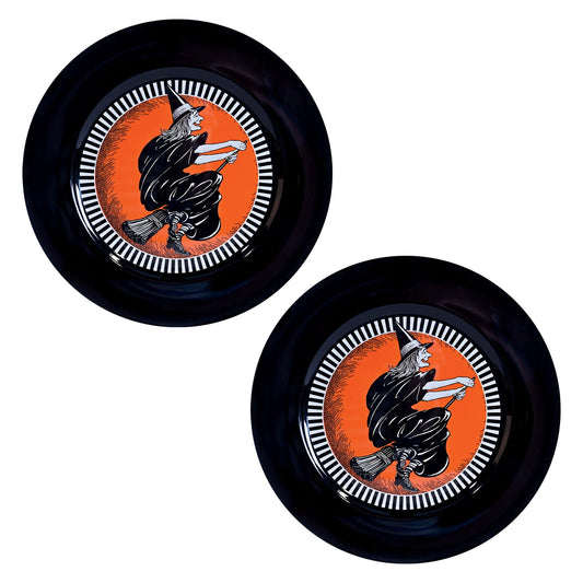 Beistle Vintage Halloween Witch Platter – 2 Pack Black & Orange Decorative Serving Tray, Retro Holiday Party Plate, Flying Witch Design, Nostalgic Seasonal Tableware for Candy Desserts & Treats, 12⅞”