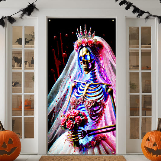 IVN Gothic Bride Skeleton Door Cover 35x71 Inch Dark Wedding Skull Crown Veil Rose Flowers Horror Blood Splatter Backdrop Halloween Front Door Decor Creepy Bridal Banner Scary Party Decoration