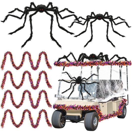 WinnerWhy Halloween Golf Cart Decorations Kit 2 Pcs Giant Spider 4 Pcs Orange Black Purple Garlands with 2 Pack Spider Webs Spooky Golf Cart Decor for Halloween Trunk or Treat Parade