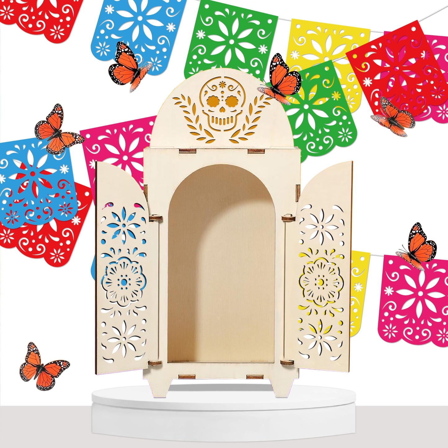10Pcs Dia De Los Muertos Decorations Wooden Shadow Box Day of The Dead Ofrenda Altar Decor with Papel Picado Butterfly Remembrance Supplies