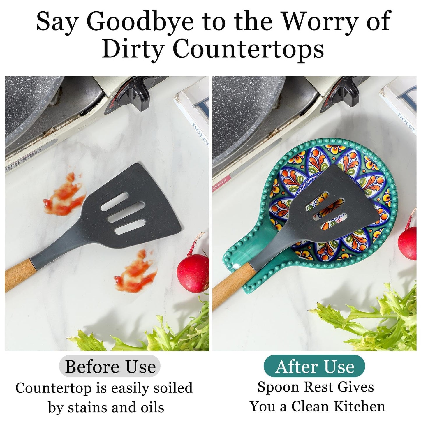 Spoon Holder for Kitchen Counter Ceramic Spoon Rest for Stove Top Large 7.7 Inch Heat-Resistant Cooking Spoon Holder for Coffee Spoon Rest,Spatula or Tongs,Bohemian Green Dishwasher Safe