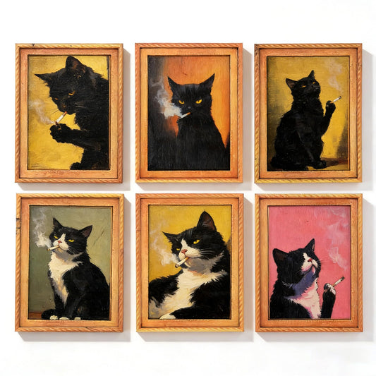 YOKUSHI 6 Pcs Funny Black Cat Smoking Fridge Magnets, Vintage Renaissance Cat Portrait Magnetic Frames for Refrigerator, Home Kitchen Office Decor