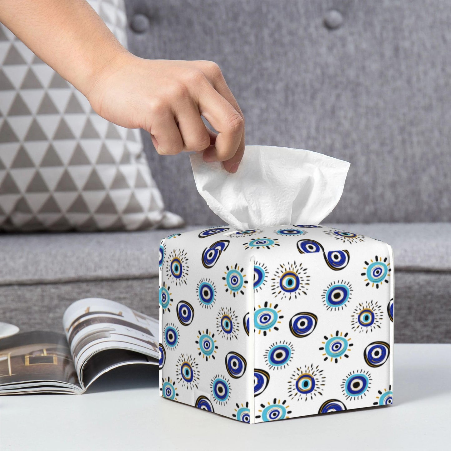 POIUBLE Evil Eye Tissue Box Cover Leather Tissue Box Holder Square Facial Paper Organizer Dispenser for Bathroom Kitchen Bedroom Vanity Countertop Night Stands