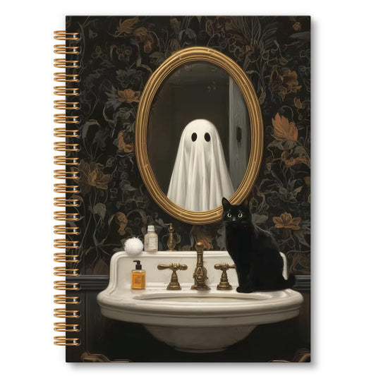OINDADE Halloween Cute Ghost Notebook Journal, Dark Moody Black Cat Ghost Spiral Notebook, Fall Spooky Ghosts Notebooks Gifts for Women Men, Autumn Halloween School Office Supplies, 6x8.2In