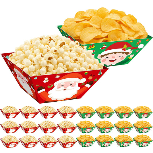 Marspark 24 Pcs Christmas Popcorn Bowls Disposable Treat Snack Boxes Popcorn Candy Cookie Tray Containers for Winter Christmas Party Supplies