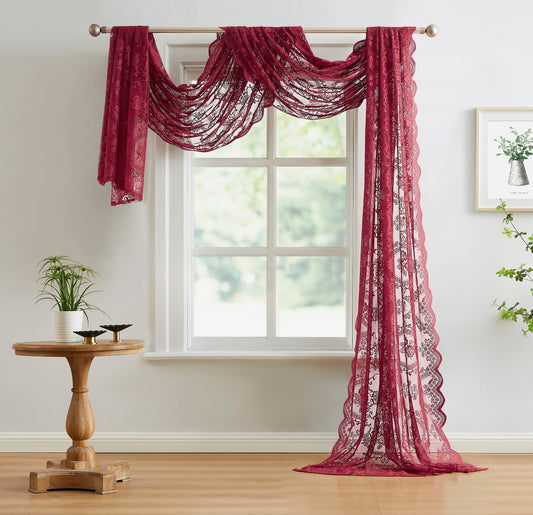 NOIR GOTHIC DECOR Wine Burgundy Window Scarf 216 Inches Long. Lace Window Scarf for Goth Decor or Victorian Decor. Use Gothic Scarves as Bed Canopy Curtains or Red Lace Fabric. LE Burgundy 216