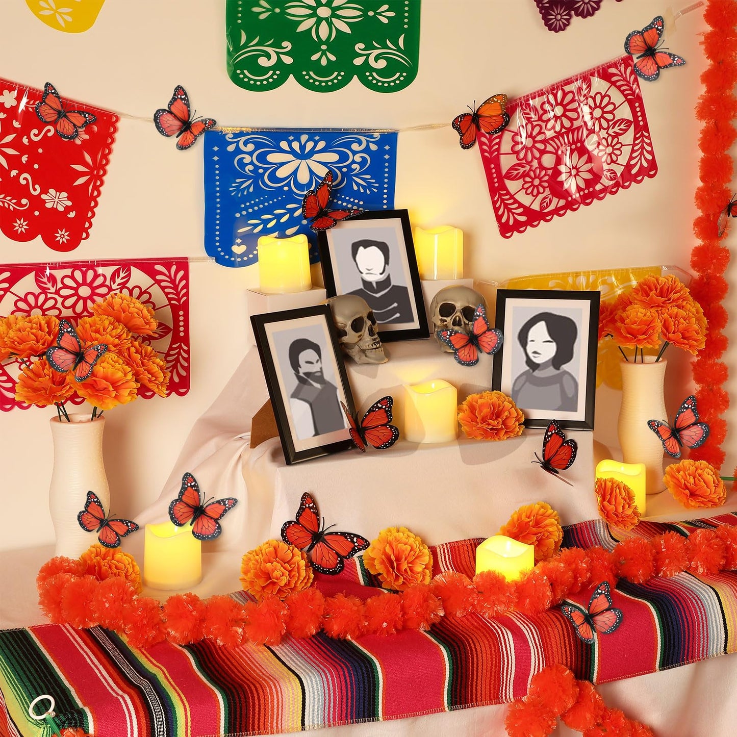Thiccywoov 50 Pcs Dia De Los Muertos Ofrendas Altar Decorations, Day of the Dead Altar Decor Included Marigold Flower Garland Monarch Butterfly Skull Candle Frame Mexican Banner and Tablecloth