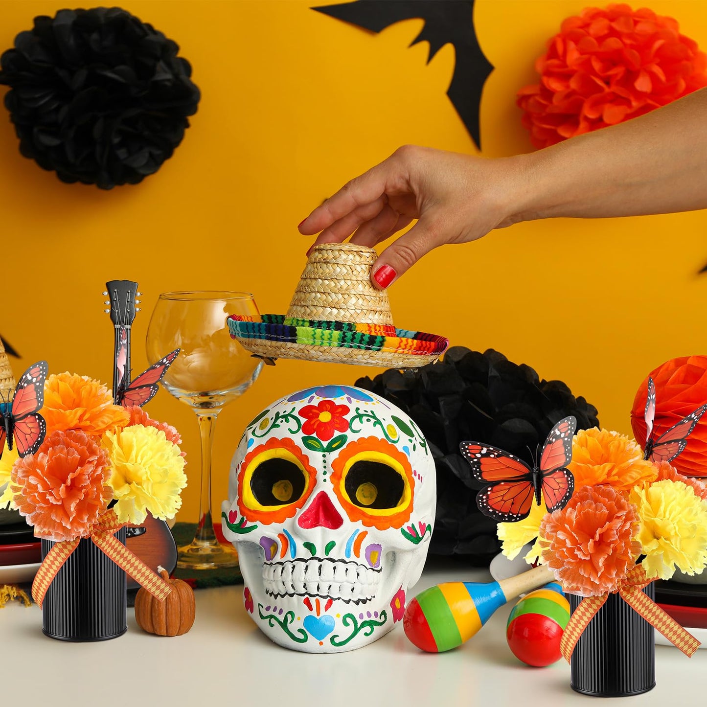 Reallnaive 55‬ Pcs Day of The Dead Altar Decorations Dia De Los Muertos Altar Decorations with Marigold Flower, Monarch Butterfly, Metal Pot and Ribbon for Mexican Day of The Dead Table Centerpiece