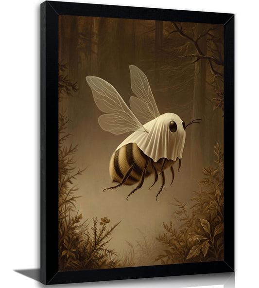 Framed Funny Ghost Bee Wall Art, Spooky Halloween Bee Canvas Print Poster, Whimsical Gothic Decor, Dark Academia Home Decoration, for Living Room Bedroom,