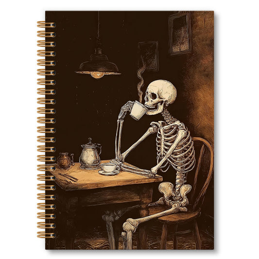 OINDADE Gothic Halloween Skeleton Notebook Journal, Funny Coffee Lover Gifts Spiral Notebook, Spooky Skull Drink Coffee Notebooks Gifts for CoffeeLovers Men Women, Goth School Office Supplies,6x8.2In