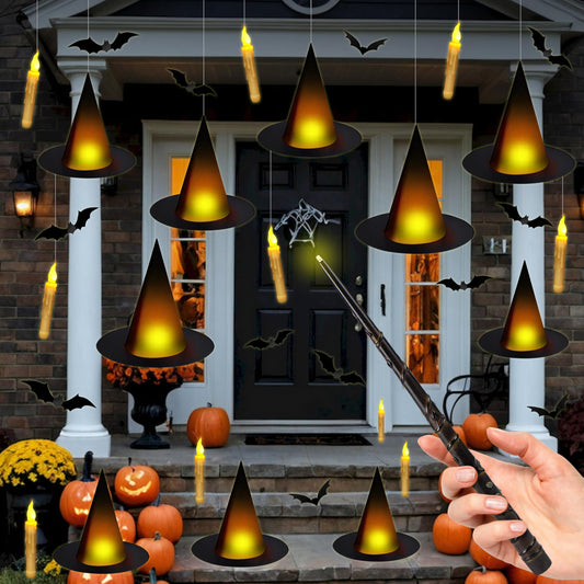 Fayoo Floating Candles with Wand, 12PCs Magic Hanging Candles, Floating Light Up Witch Hats with Flameless Candle with Wand Remote, Witch Hat 3D Bats Wall Stickers Decorations for Halloween Party