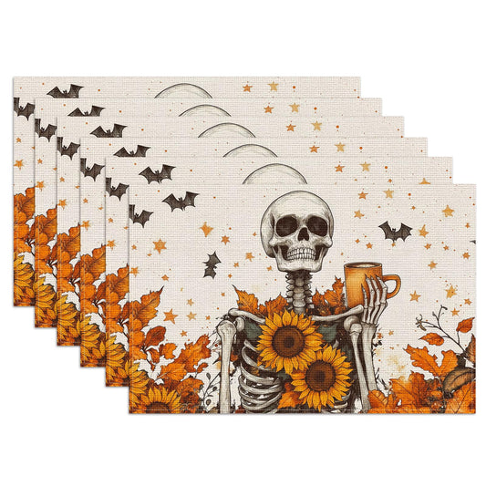 Fall Skull Sunflower Placemats Set of 6, Halloween Bat Linen Place Mat Washable Stain Resistant Table Mats for Farmhouse Kitchen Dining 12x18 Inch