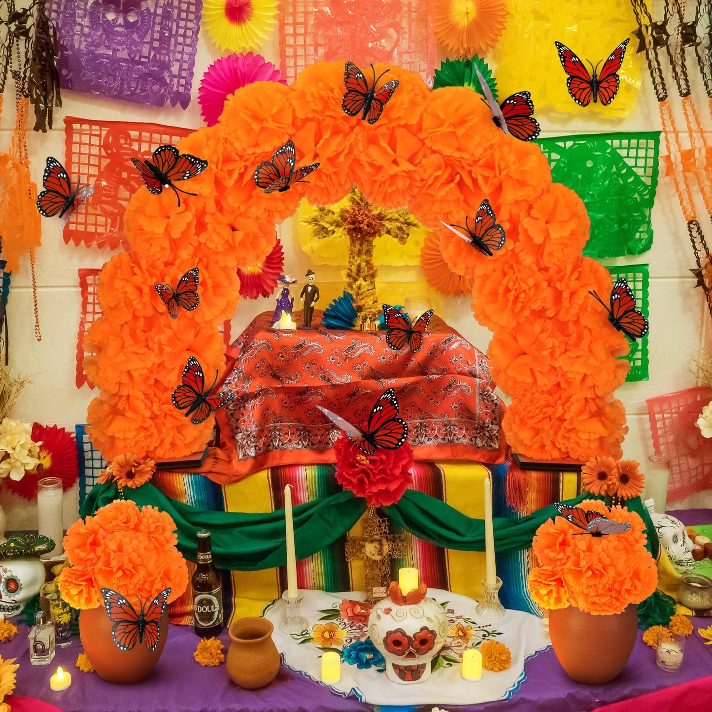 Yalikop 28 Pcs Day of The Dead Marigold Arch Kit Dia De Los Muertos Altar Decor Include Marigold Table Arch Garland with 15 Artificial Flower with Stem and 12 Pcs 3D Butterfly for Dia De Los Muertos