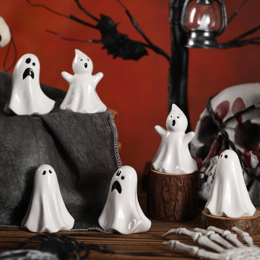 Domensi 6 Pcs Ghost Decor Ceramic White Figurines Ghost Statue Spooky Halloween Decor Scary Statue Decoration Cute Sculpture for Gift Props Home Tabletop Decorations(Classic)