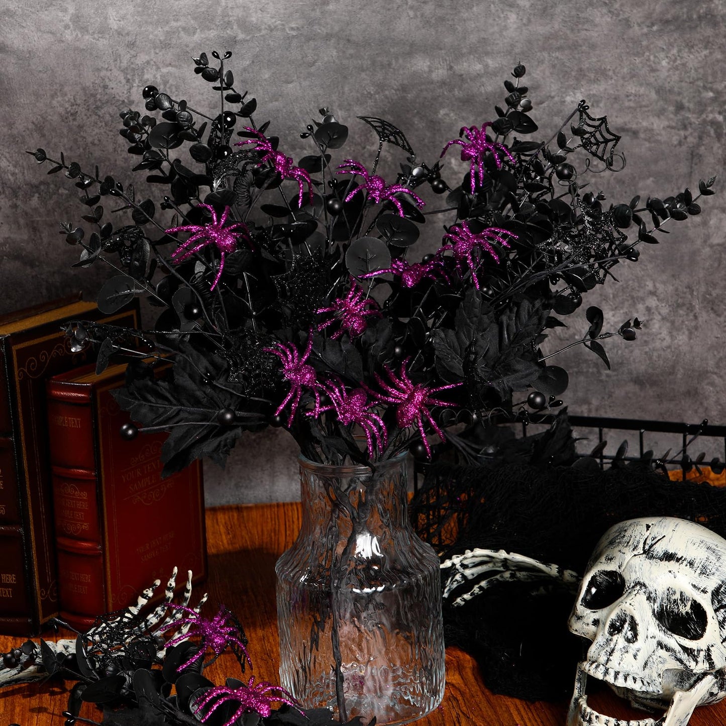 Giegxin 15 Pcs Halloween Floral Picks Halloween Decorations 19.5inch Black Artificial Flowers Branches Eucalyptus Stems Glitter Spiderweb Maple Leaf Stems for Home Indoor Party Vase Arrangement Decor