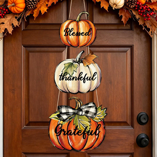 AnyDesign Fall Wooden Hanging Door Sign Thanksgiving Party Decoration Rustic Pumpkin Wood Plaque Ornament Pre-Assembled with DIY Bow Leaves for Autumn Front Door Wreath Porch