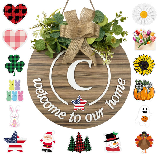 Interchangeable Seasonal Monogram Letter C Welcome Sign Front Door Decor Wooden Wreaths for Front Door Wreath Rustic Initial House Warming Porch Wall Home Decorations for All Seasons