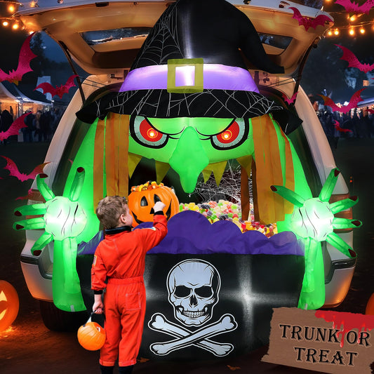 6FT Halloween Inflatables Trunk or Treat Car Decorations Kit, Blow Up Witch with Dual Plug (Car & Home) Build-in 7 LEDs for Halloween SUV Vehicle & Indoor Outdoor Trick or Treat Party Décor