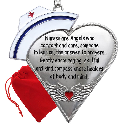 Nurse Christmas Ornament with Message, Engraved Silver Metal Nurses Hat & Heart with Angel Wings, Hand Painted Enamel Holiday Keepsake, Thank You Gift for Nurse, RN, LPN, CNA, Nursing Student, 4"