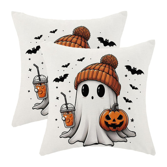 Halloween Pillow Covers 20 x 20 Inch, Burnt Orange Pumpkin Decor Throw Pillows for Home Couch Bed, Black Cream Cute Ghost Bat Fall Outdoor Decorative Pillowcase Linen Cushion Cover Set of 2