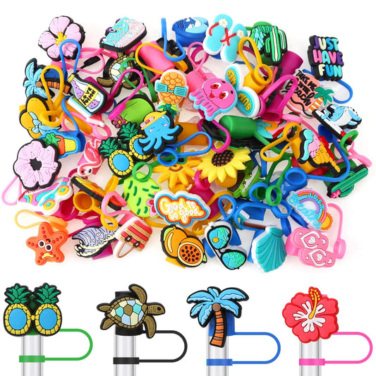 Ovveroche 50 Pcs Hawaii Tropical Summer Silicone Straw Cover Caps Compatible with Stanley Cup Cute Reusable Straw Toppers for Cups 30&40 Oz Tumbler Accessories 10mm