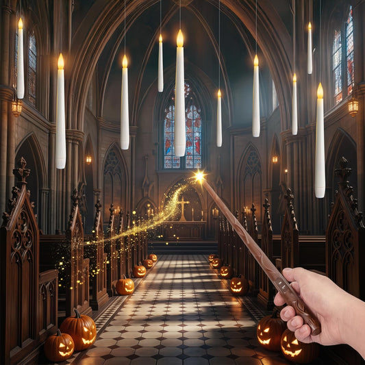 Meigic 10PCS Floating Candles with Wand Remote, Flameless Hanging Taper Candles with Flickering Warm Light, Battery Operated Magic Candles for Halloween Indoor Ceiling Decor, Hallway, Bedroom, Party